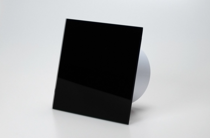 Ventilator med indbygget forsinket timer, 100mm/125mm, blankt sort glas