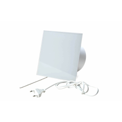 Ventilator med snoretrk, 100mm/125mm, blank hvid glasfront