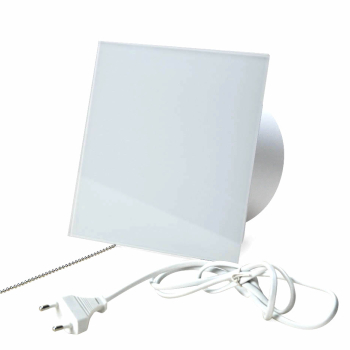 Ventilator med snoretrk, 100mm/125mm, blank hvid glasfront