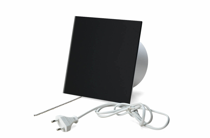 Ventilator med snoretrk, 100mm/125mm, mat sort glasfront