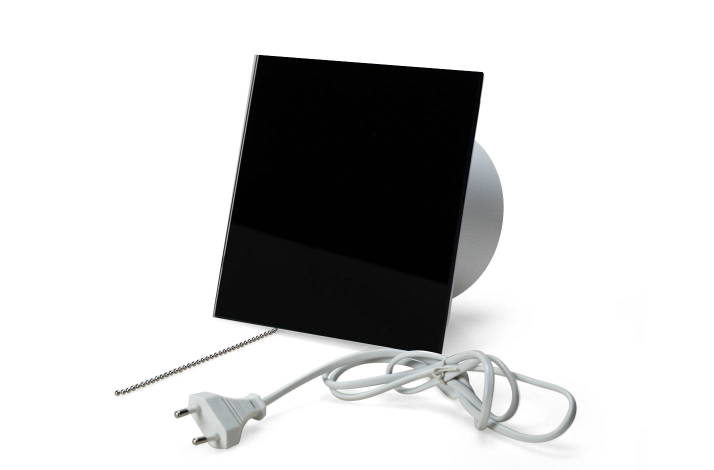 Ventilator med snoretrk, 100mm/125mm, blank sort glasfront