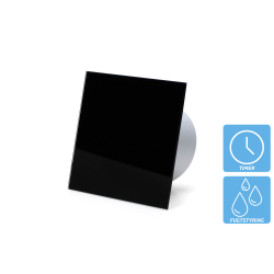 Ventilator til bad (damp/hygrostat), 100mm/125mm, blank sort glasfront