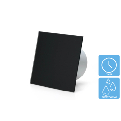 Ventilator til bad (damp/hygrostat), 100mm/125mm, mat sort glasfront